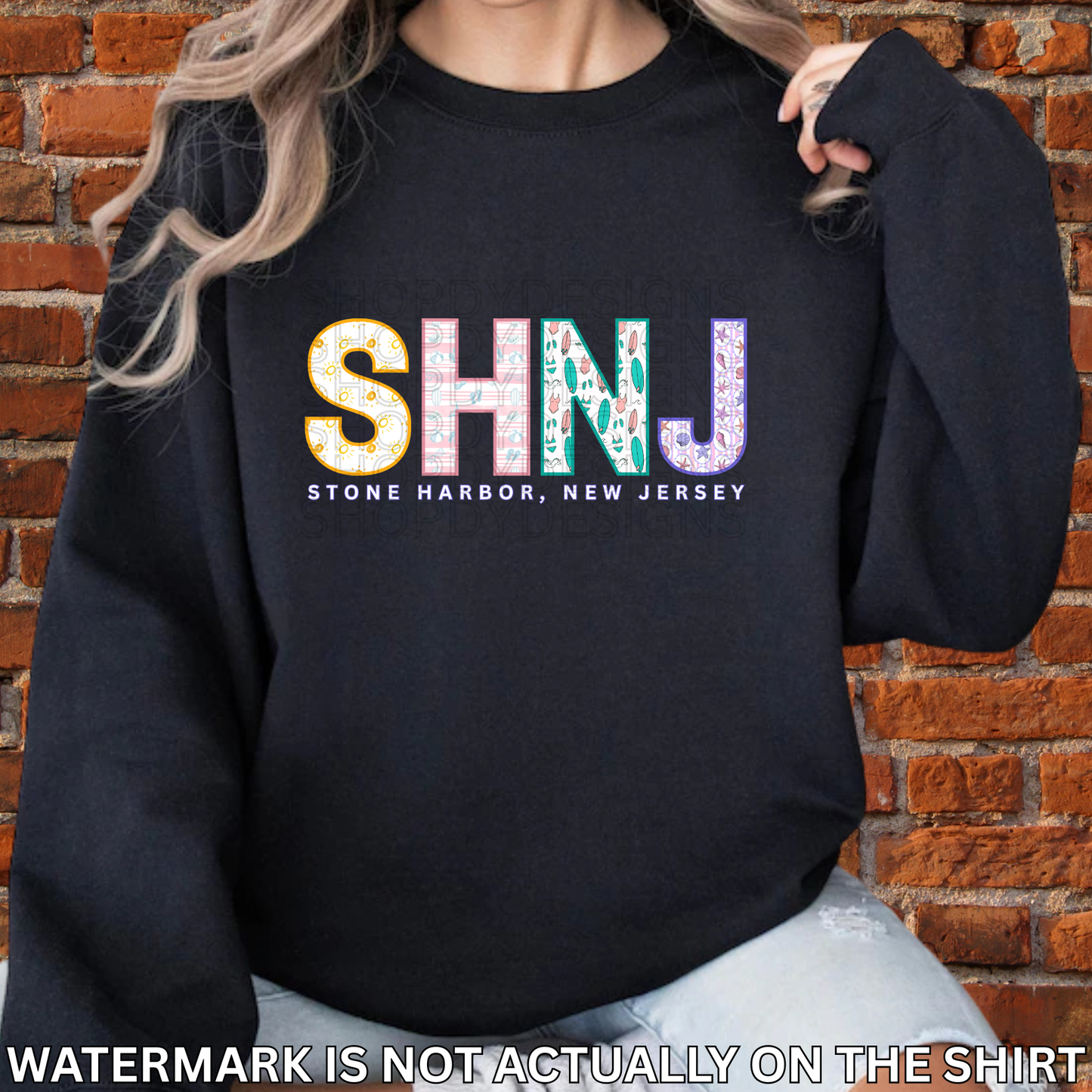Stone Harbor NJ SHNJ Colorful Beach Pattern Letters Shirt, Crewneck, Hoodie | SHNJ Apparel