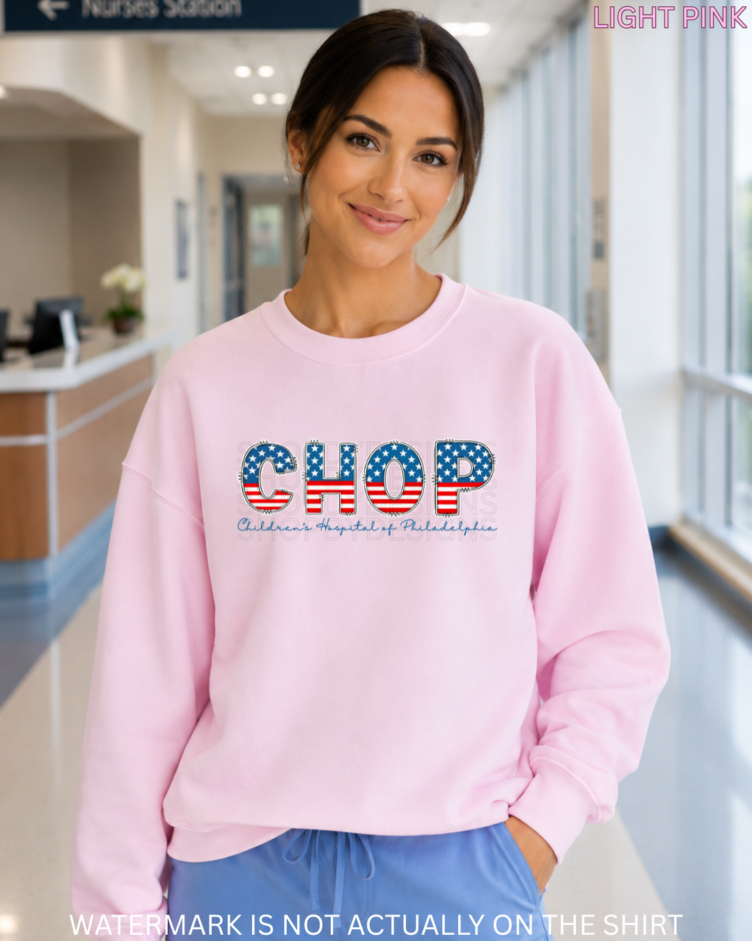CHOP Patriotic American Flag Varsity Letters T-Shirt, Crewneck Sweatshirt & Hoodie
