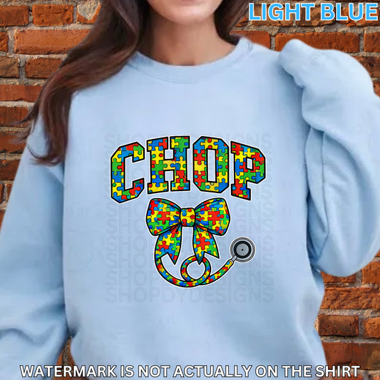 CHOP Autism Puzzle Bow Shirt | Awareness T-Shirt, Crewneck Sweatshirt, Hoodie