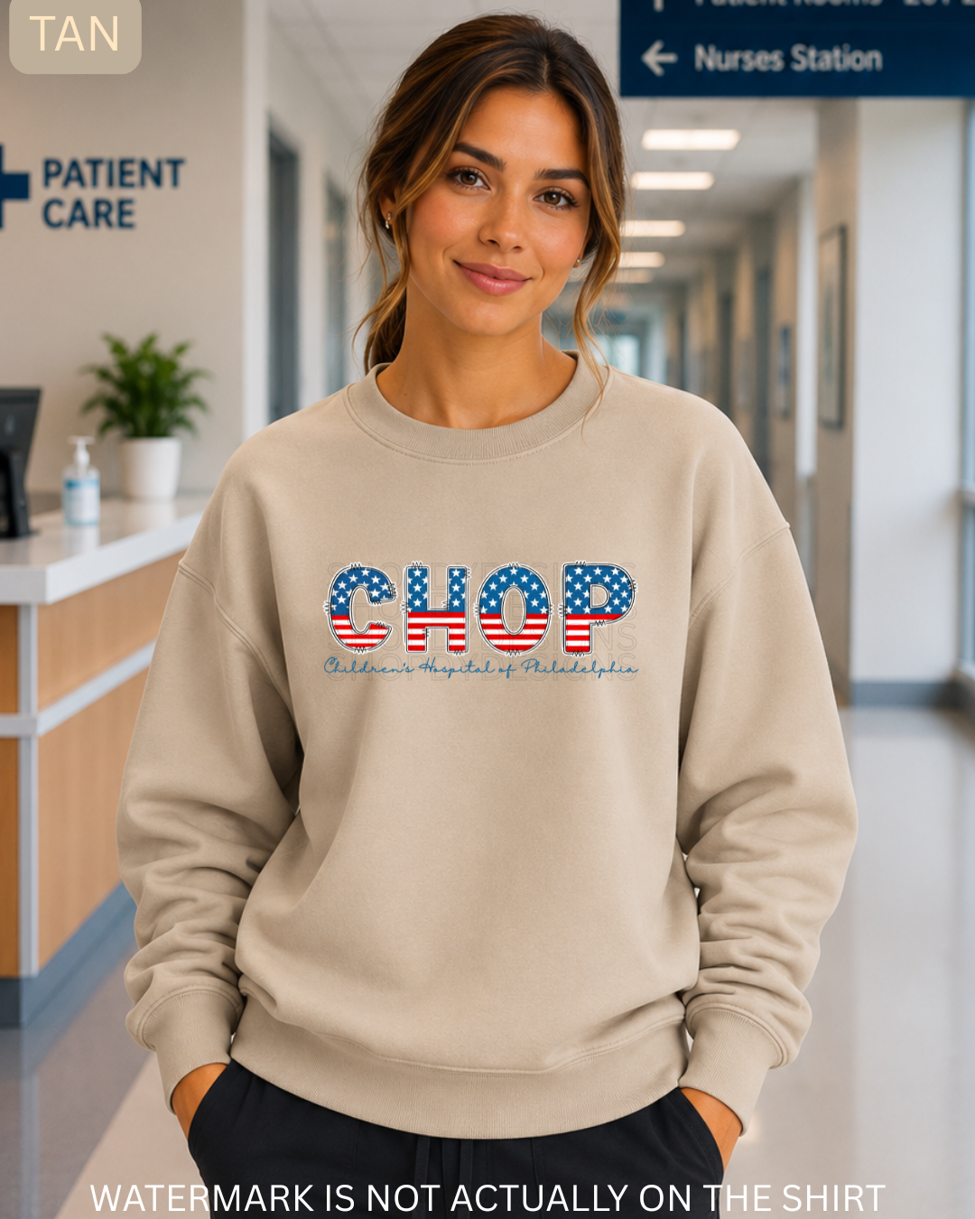 CHOP Patriotic American Flag Varsity Letters T-Shirt, Crewneck Sweatshirt & Hoodie