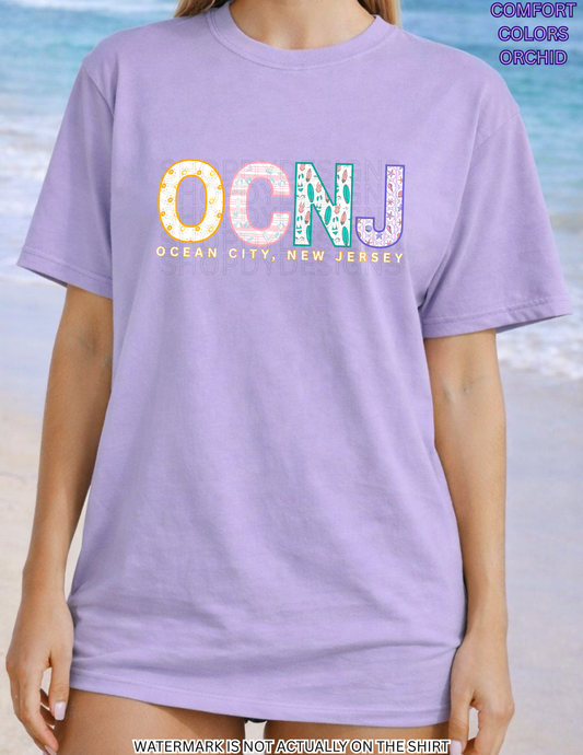 Ocean City NJ Colorful Beach Pattern Letters Shirt | OCNJ Comfort Colors Tee