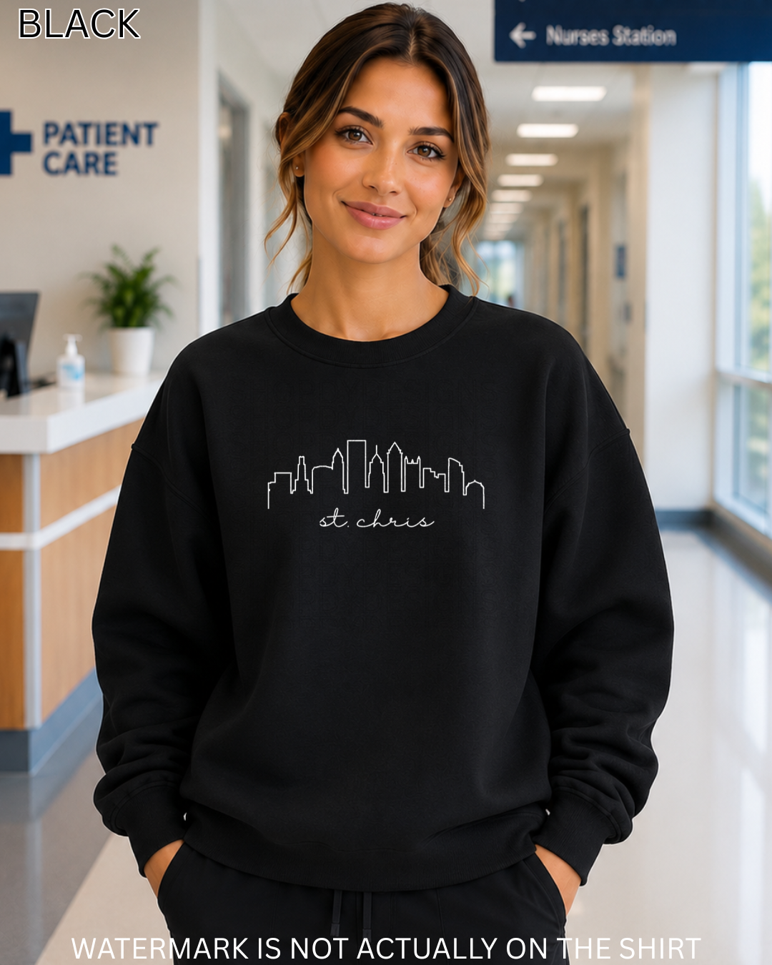 St. Chris Philadelphia Skyline T-Shirt, Crewneck Sweatshirt, Hoodie | Philly Inspired Healthcare Apparel