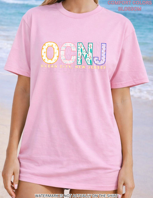 Ocean City NJ Colorful Beach Pattern Letters Shirt | OCNJ Comfort Colors Tee