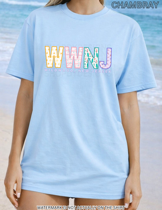 Wildwood NJ Colorful Beach Pattern Letters Shirt | WWNJ Comfort Colors Tee