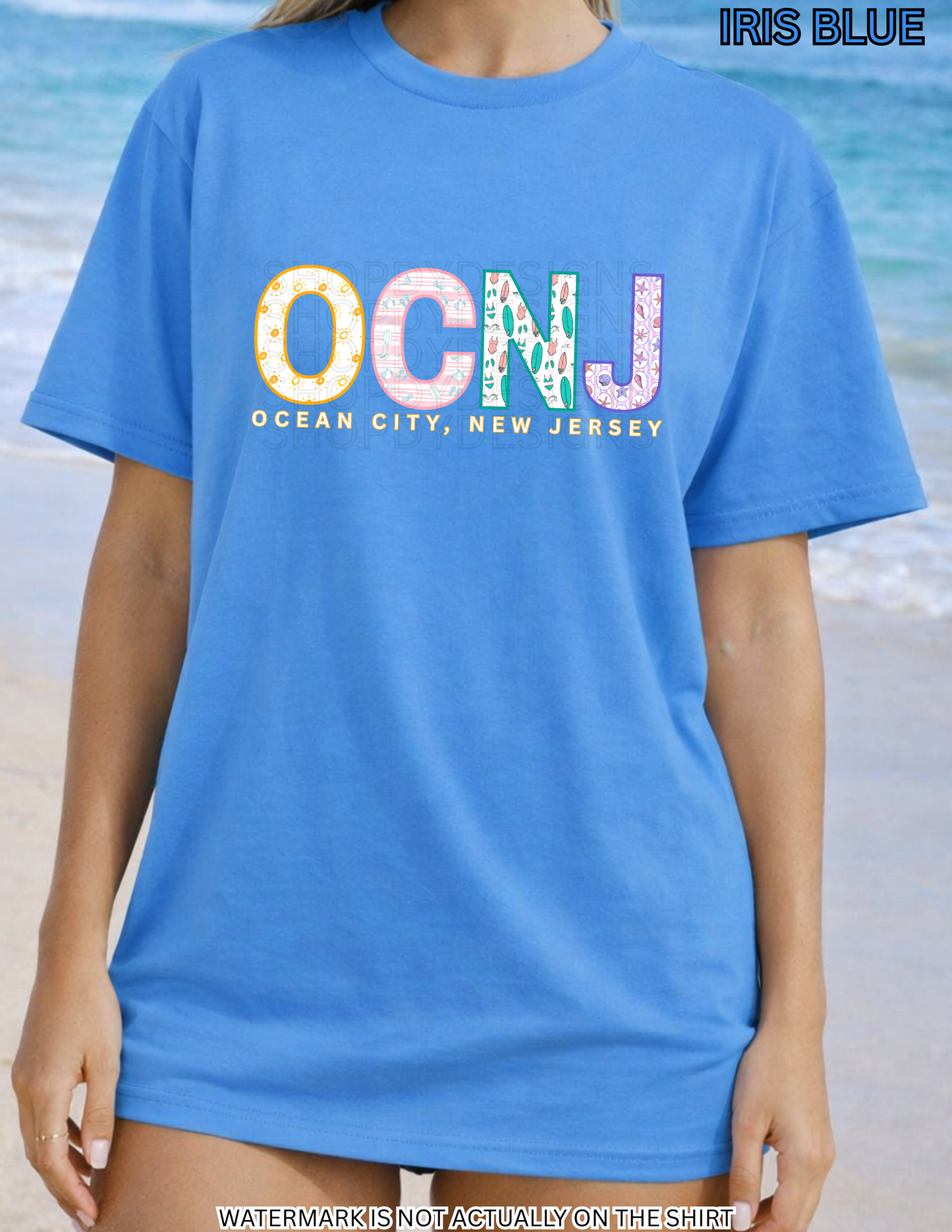 Ocean City NJ Beach Shirt | OCNJ Colorful Beach Pattern Letters Tee