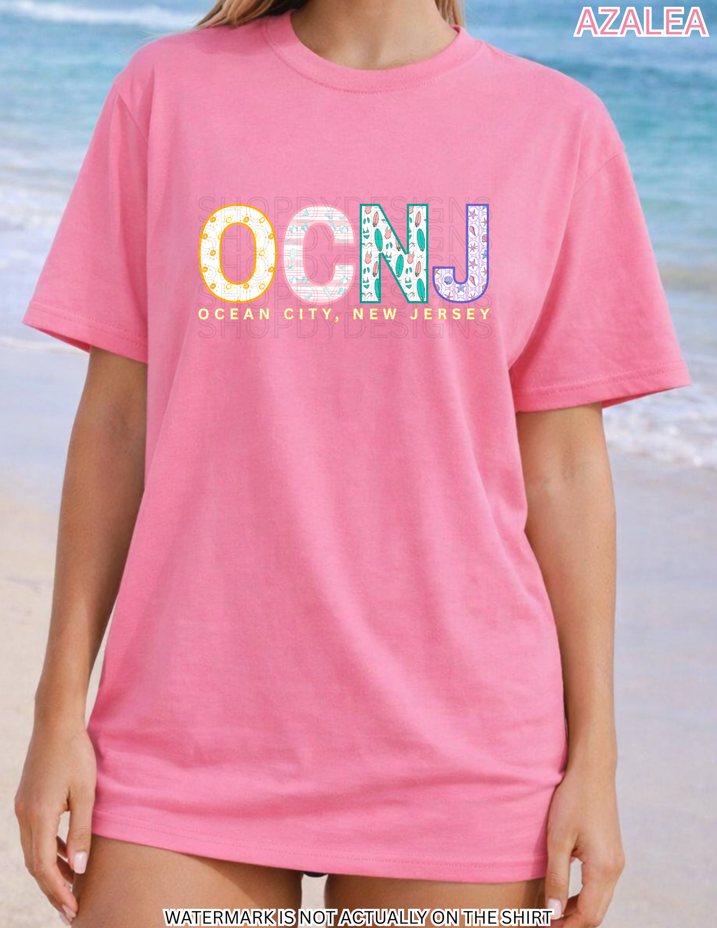Ocean City NJ Beach Shirt | OCNJ Colorful Beach Pattern Letters Tee