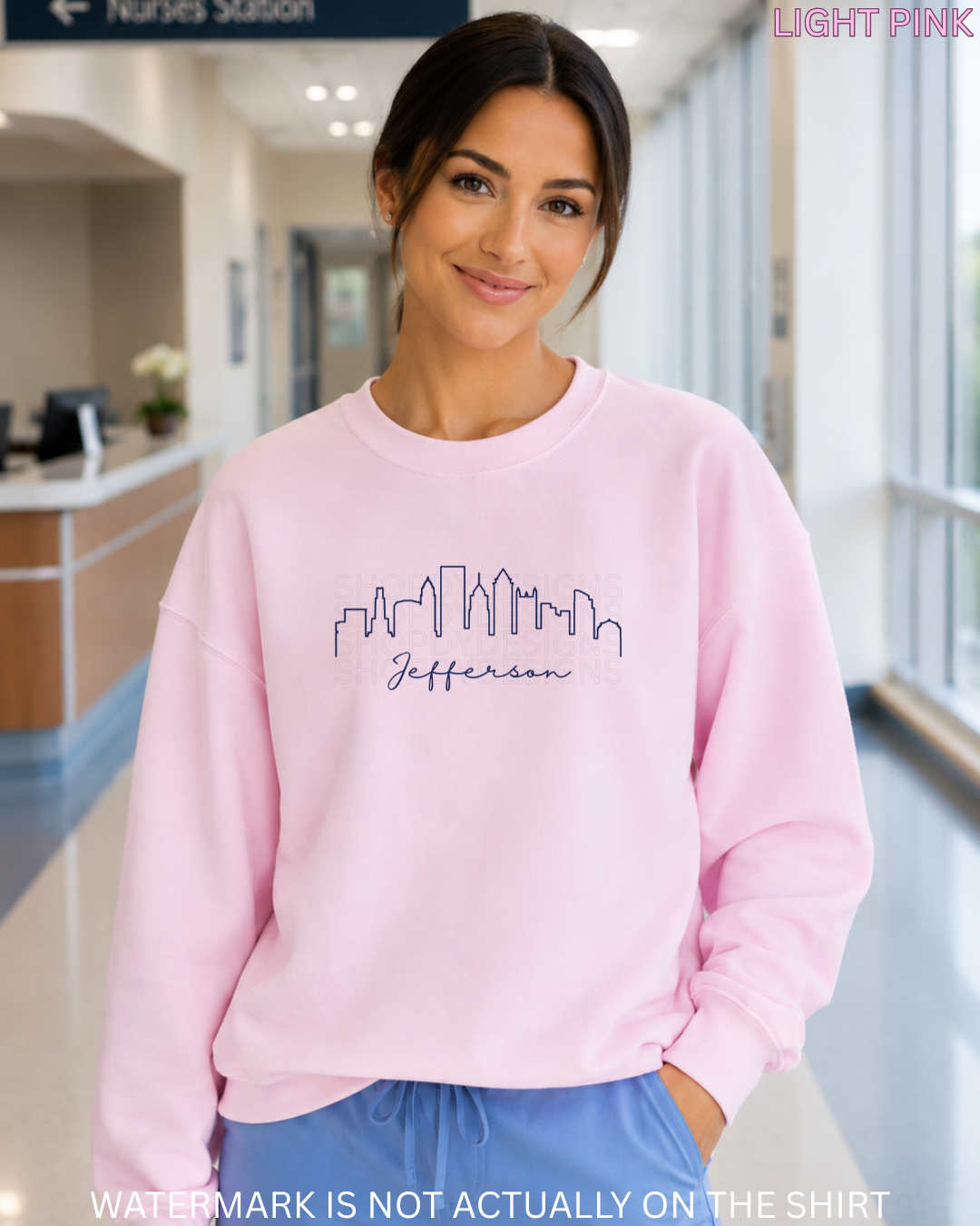 Jefferson Philadelphia Skyline T-Shirt, Crewneck Sweatshirt, Hoodie | Philly-Inspired Healthcare Apparel