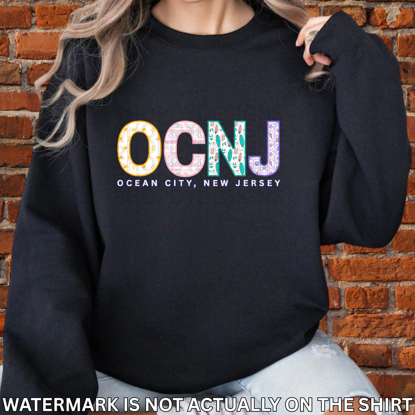 Ocean City NJ OCNJ Colorful Beach Pattern Letters Shirt, Crewneck, Hoodie | OCNJ Apparel