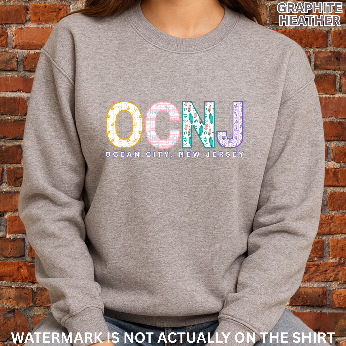 Ocean City NJ OCNJ Colorful Beach Pattern Letters Shirt, Crewneck, Hoodie | OCNJ Apparel