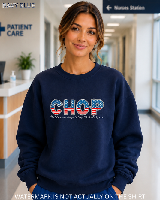 CHOP Patriotic American Flag Varsity Letters T-Shirt, Crewneck Sweatshirt & Hoodie