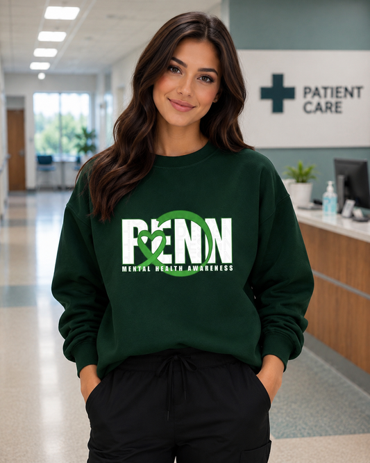 Penn Mental Health Awareness T-Shirt, Sweatshirt & Hoodie | Green Ribbon Heart Design | Healthcare Apparel