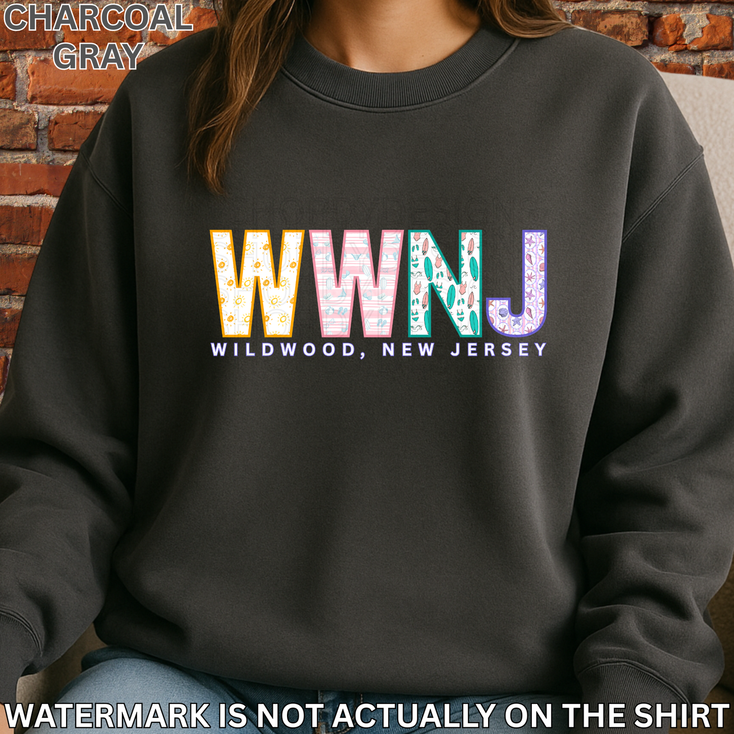 Wildwood NJ Colorful Beach Pattern Letters Shirt, Crewneck, Hoodie | WWNJ Apparel