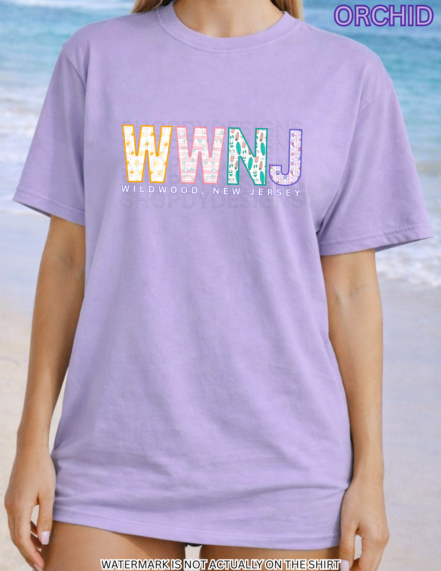 Wildwood NJ Colorful Beach Pattern Letters Shirt | WWNJ Comfort Colors Tee