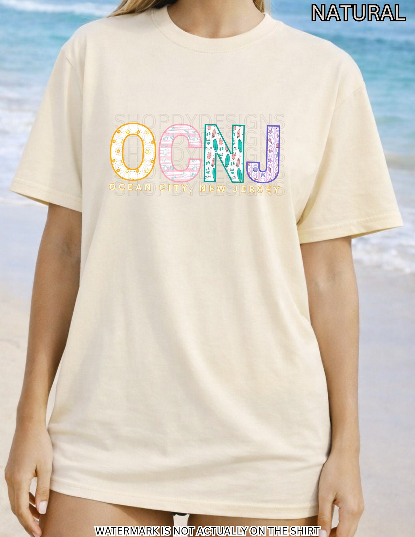 Ocean City NJ Beach Shirt | OCNJ Colorful Beach Pattern Letters Tee