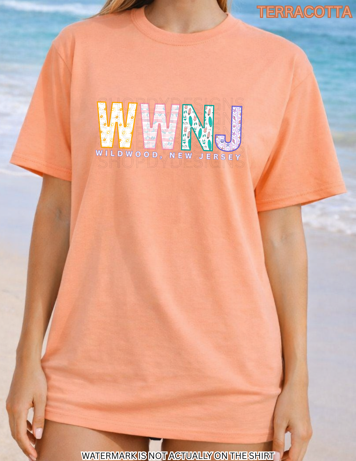 Wildwood NJ Colorful Beach Pattern Letters Shirt | WWNJ Comfort Colors Tee