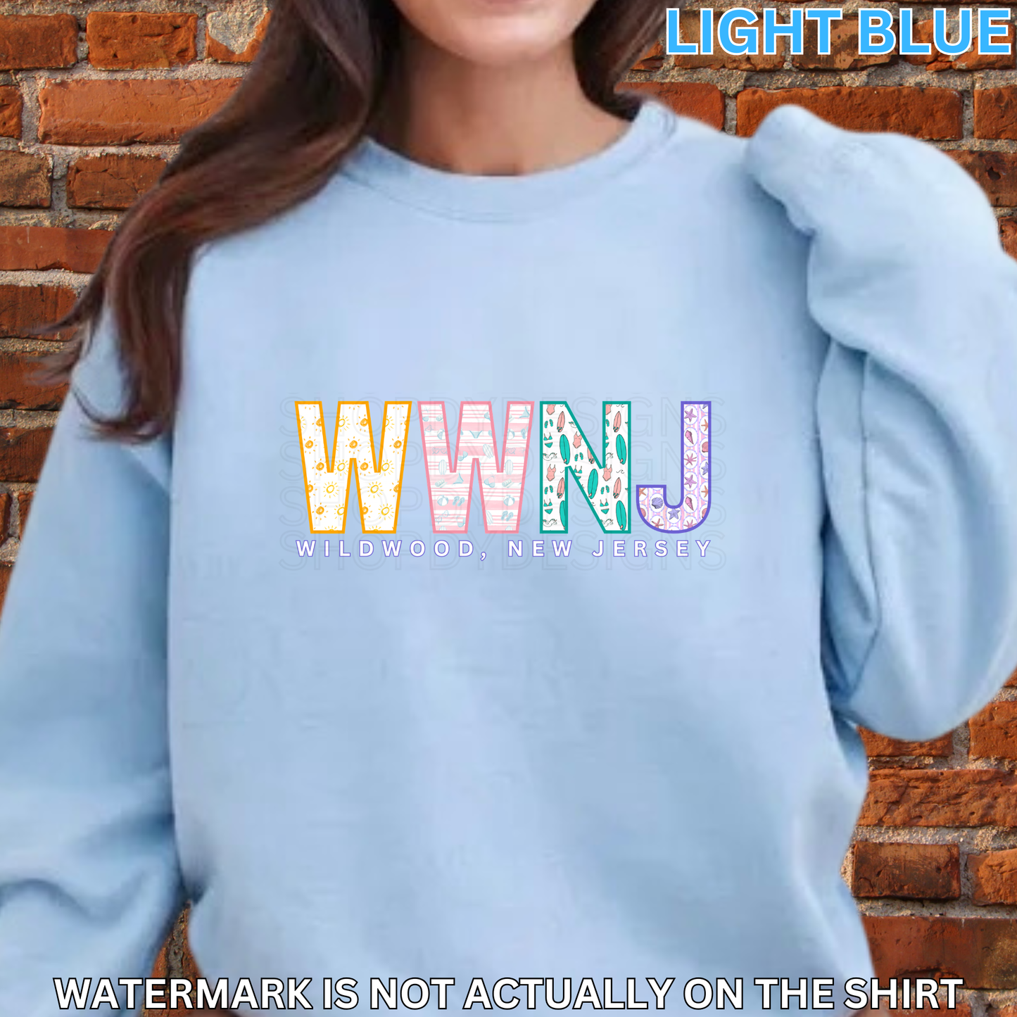 Wildwood NJ Colorful Beach Pattern Letters Shirt, Crewneck, Hoodie | WWNJ Apparel