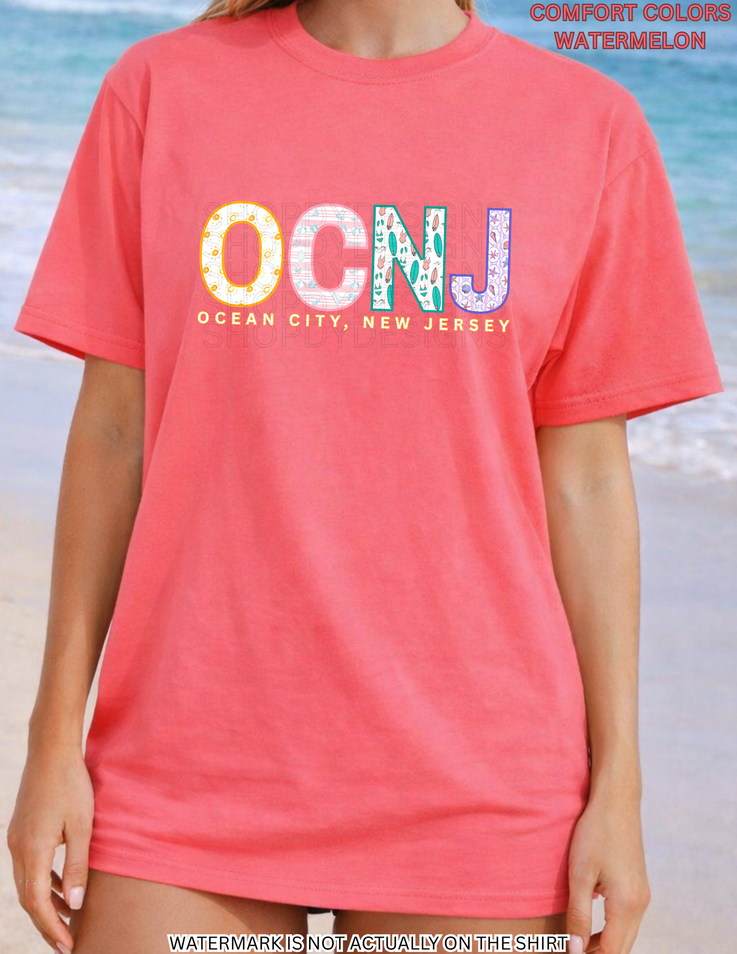 Ocean City NJ Colorful Beach Pattern Letters Shirt | OCNJ Comfort Colors Tee