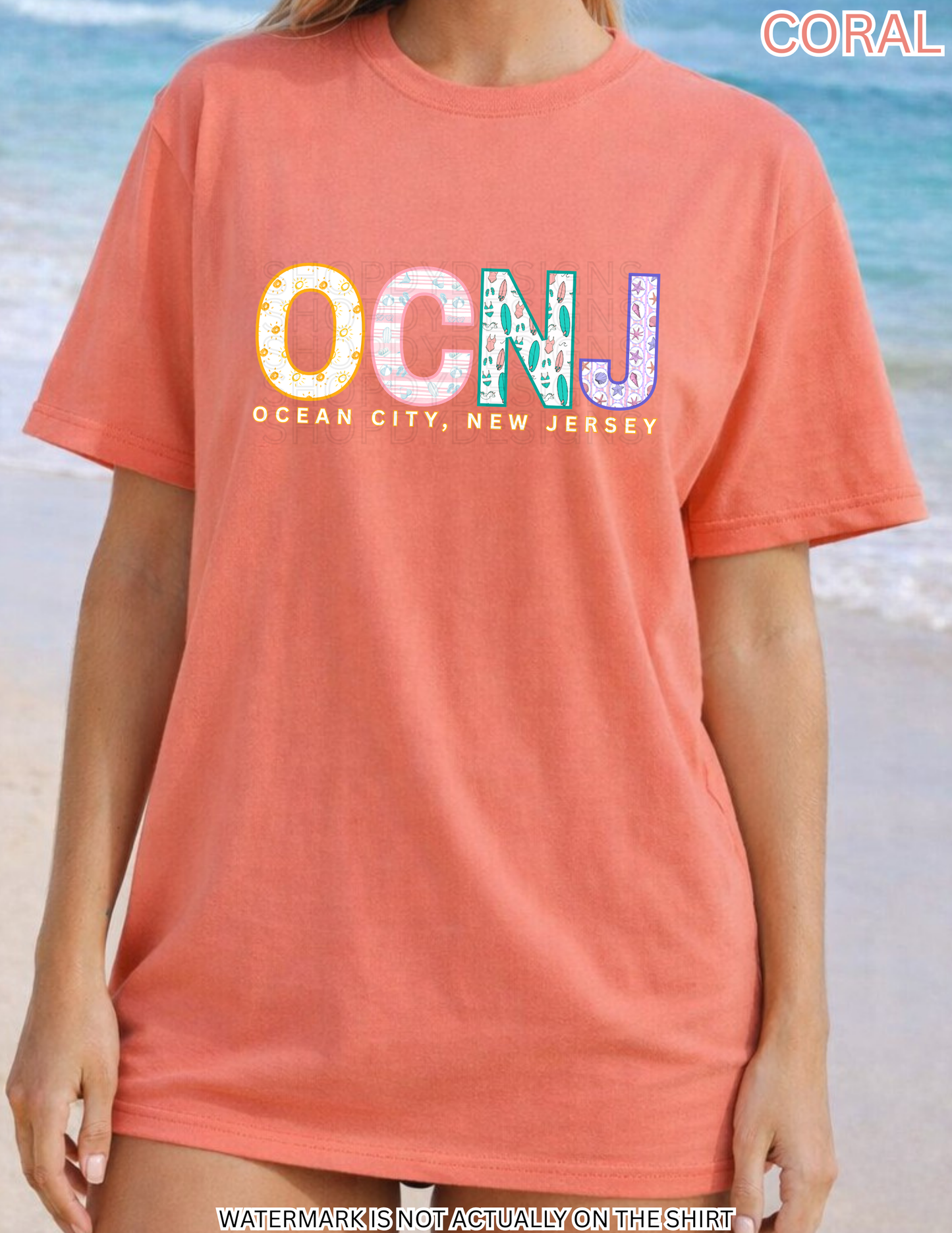 Ocean City NJ Beach Shirt | OCNJ Colorful Beach Pattern Letters Tee
