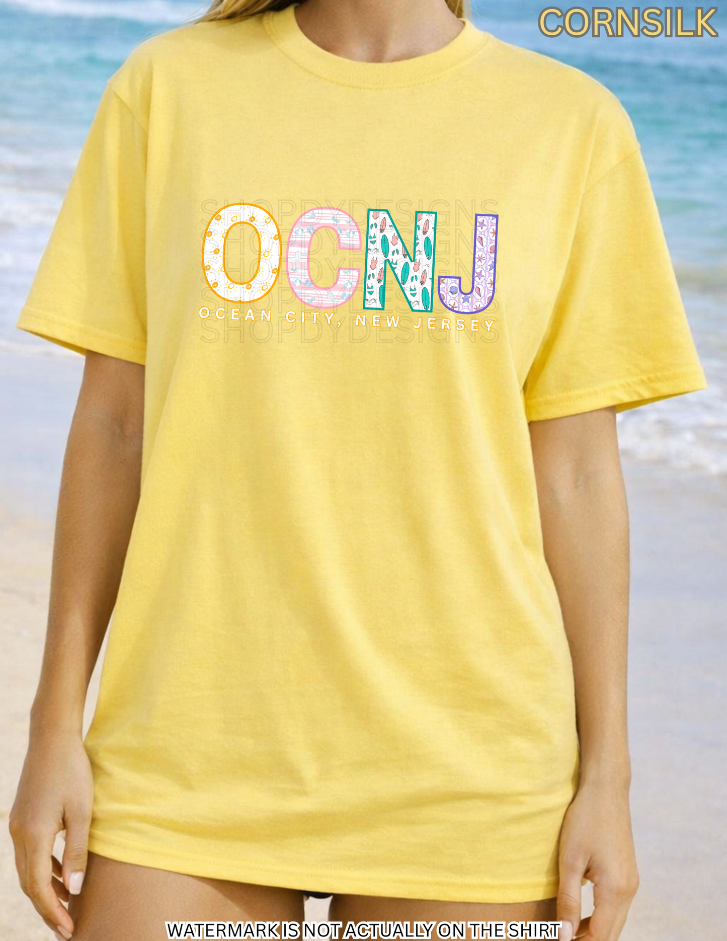 Ocean City NJ Beach Shirt | OCNJ Colorful Beach Pattern Letters Tee