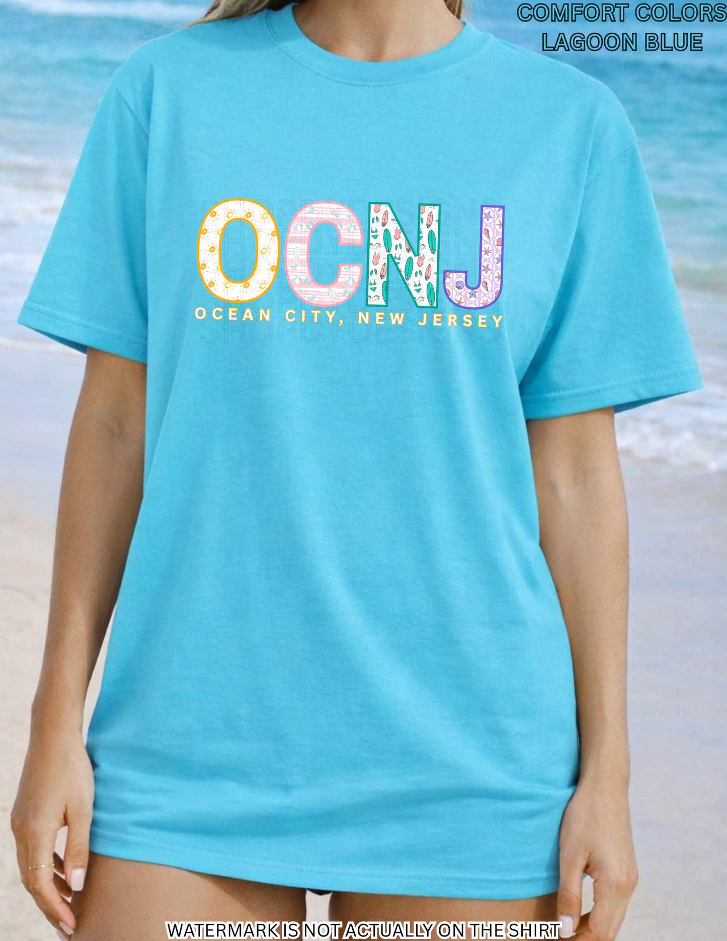 Ocean City NJ Colorful Beach Pattern Letters Shirt | OCNJ Comfort Colors Tee