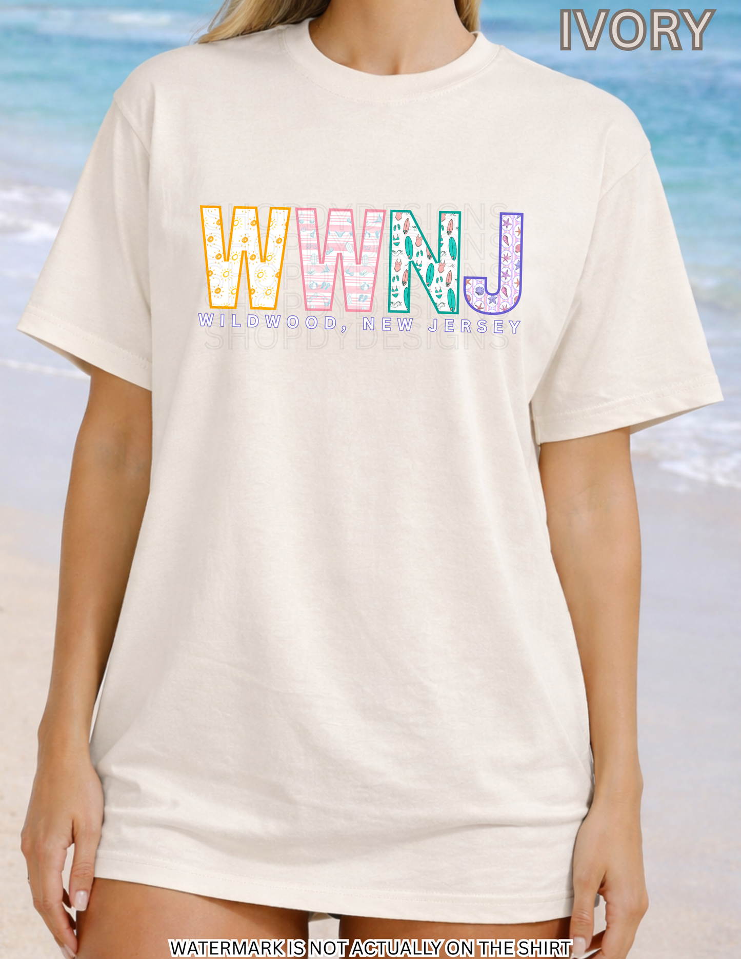 Wildwood NJ Colorful Beach Pattern Letters Shirt | WWNJ Comfort Colors Tee