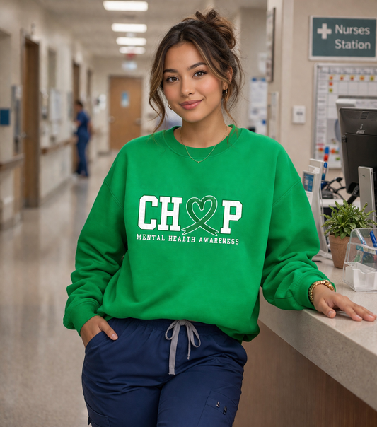 CHOP Mental Health Awareness T-Shirt, Sweatshirt & Hoodie | Green Ribbon Heart Design | Healthcare Apparel