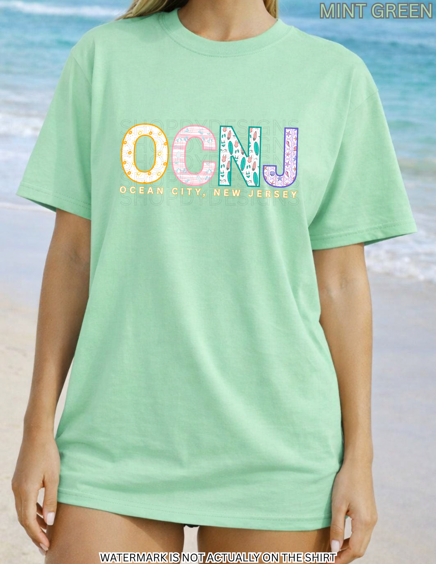 Ocean City NJ Beach Shirt | OCNJ Colorful Beach Pattern Letters Tee