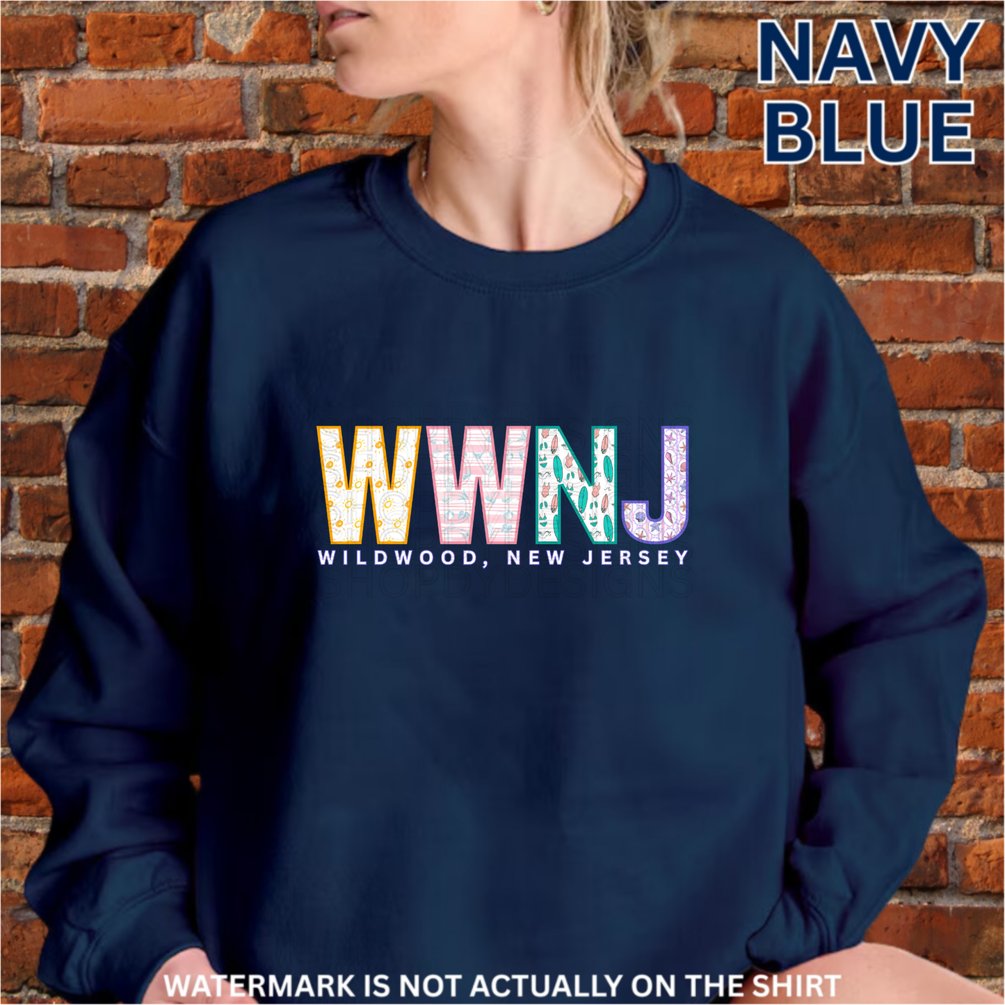 Wildwood NJ Colorful Beach Pattern Letters Shirt, Crewneck, Hoodie | WWNJ Apparel