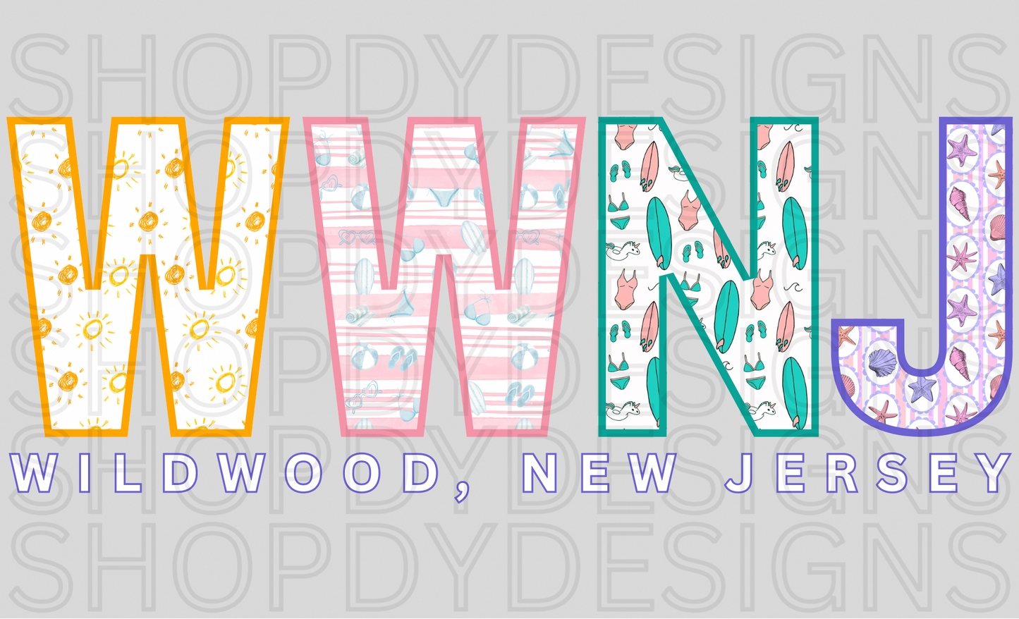 Wildwood NJ Colorful Beach Pattern Letters Shirt | WWNJ Comfort Colors Tee