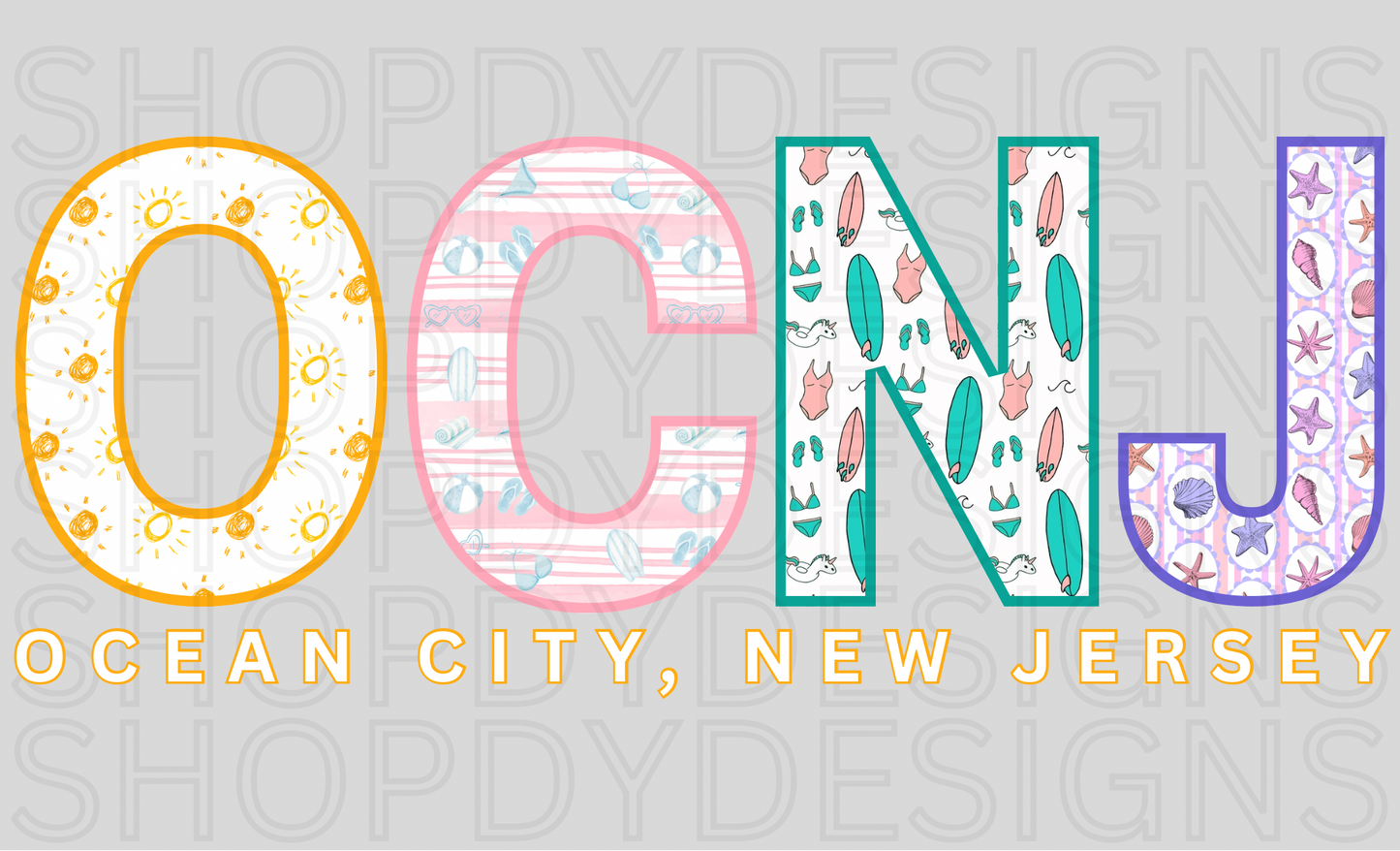 Ocean City NJ Beach Shirt | OCNJ Colorful Beach Pattern Letters Tee