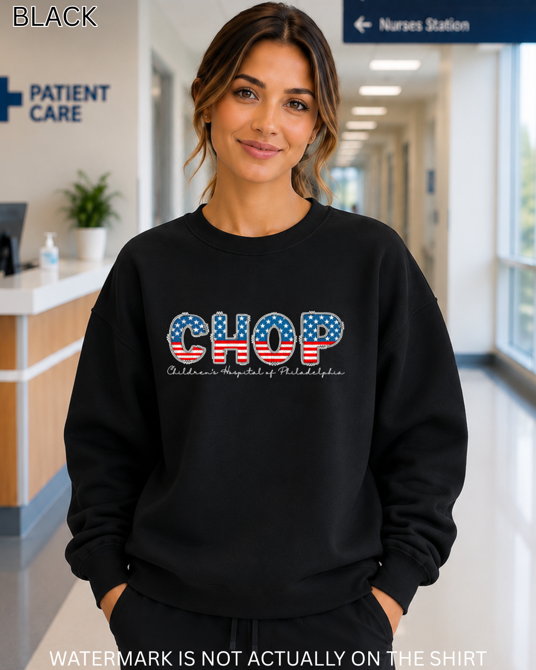 CHOP Patriotic American Flag Varsity Letters T-Shirt, Crewneck Sweatshirt & Hoodie