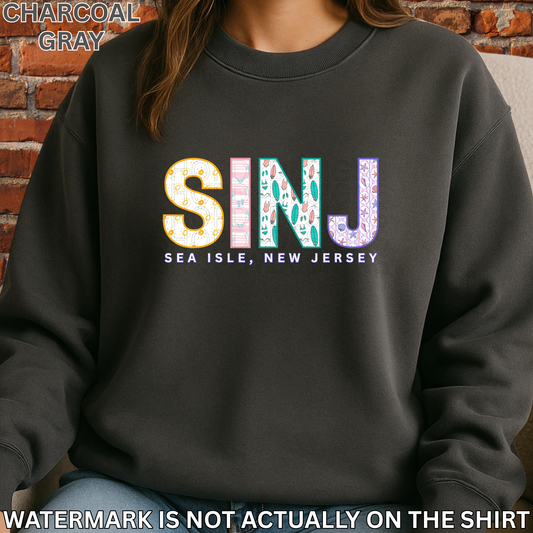 Sea Isle NJ SINJ Colorful Beach Pattern Letters Shirt, Crewneck, Hoodie | SINJ Apparel