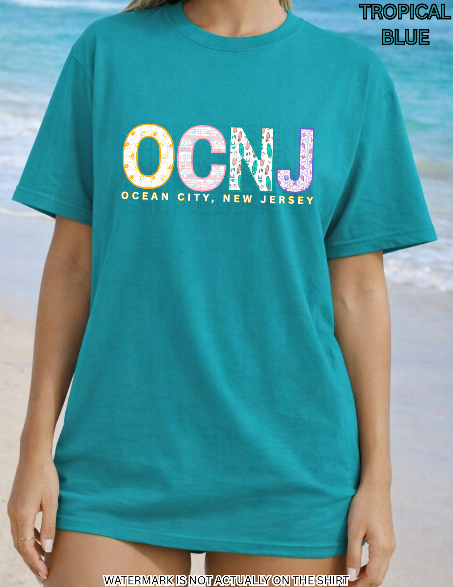 Ocean City NJ Beach Shirt | OCNJ Colorful Beach Pattern Letters Tee