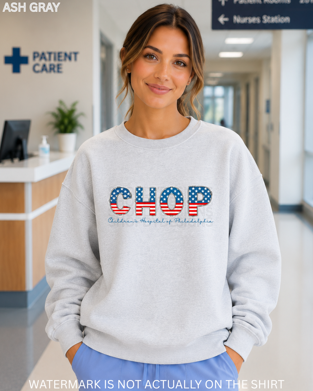 CHOP Patriotic American Flag Varsity Letters T-Shirt, Crewneck Sweatshirt & Hoodie