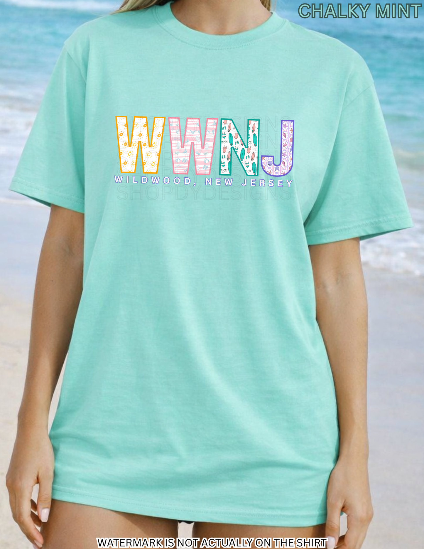 Wildwood NJ Colorful Beach Pattern Letters Shirt | WWNJ Comfort Colors Tee