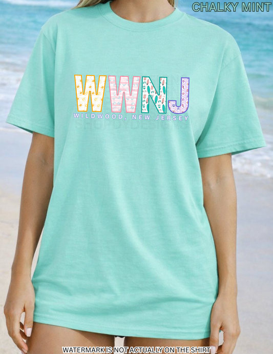 Wildwood NJ Colorful Beach Pattern Letters Shirt | WWNJ Comfort Colors Tee