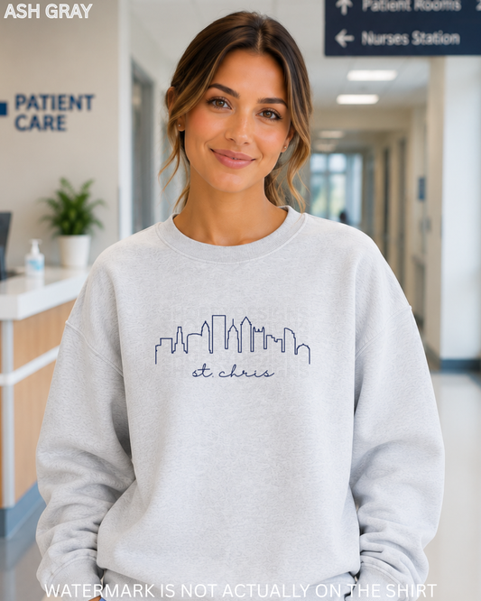 St. Chris Philadelphia Skyline T-Shirt, Crewneck Sweatshirt, Hoodie | Philly Inspired Healthcare Apparel