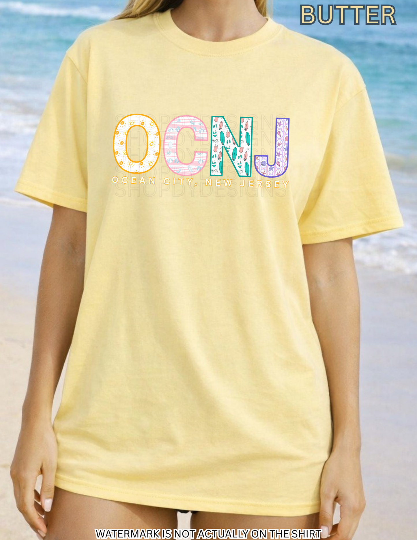 Ocean City NJ Colorful Beach Pattern Letters Shirt | OCNJ Comfort Colors Tee