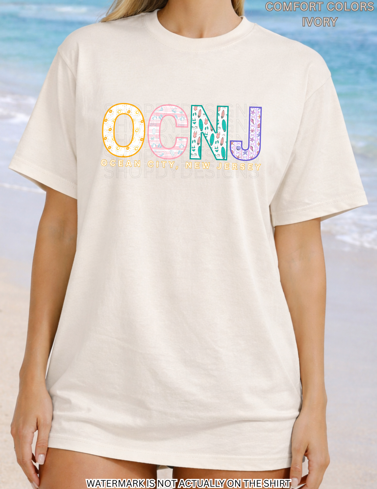 Ocean City NJ Colorful Beach Pattern Letters Shirt | OCNJ Comfort Colors Tee