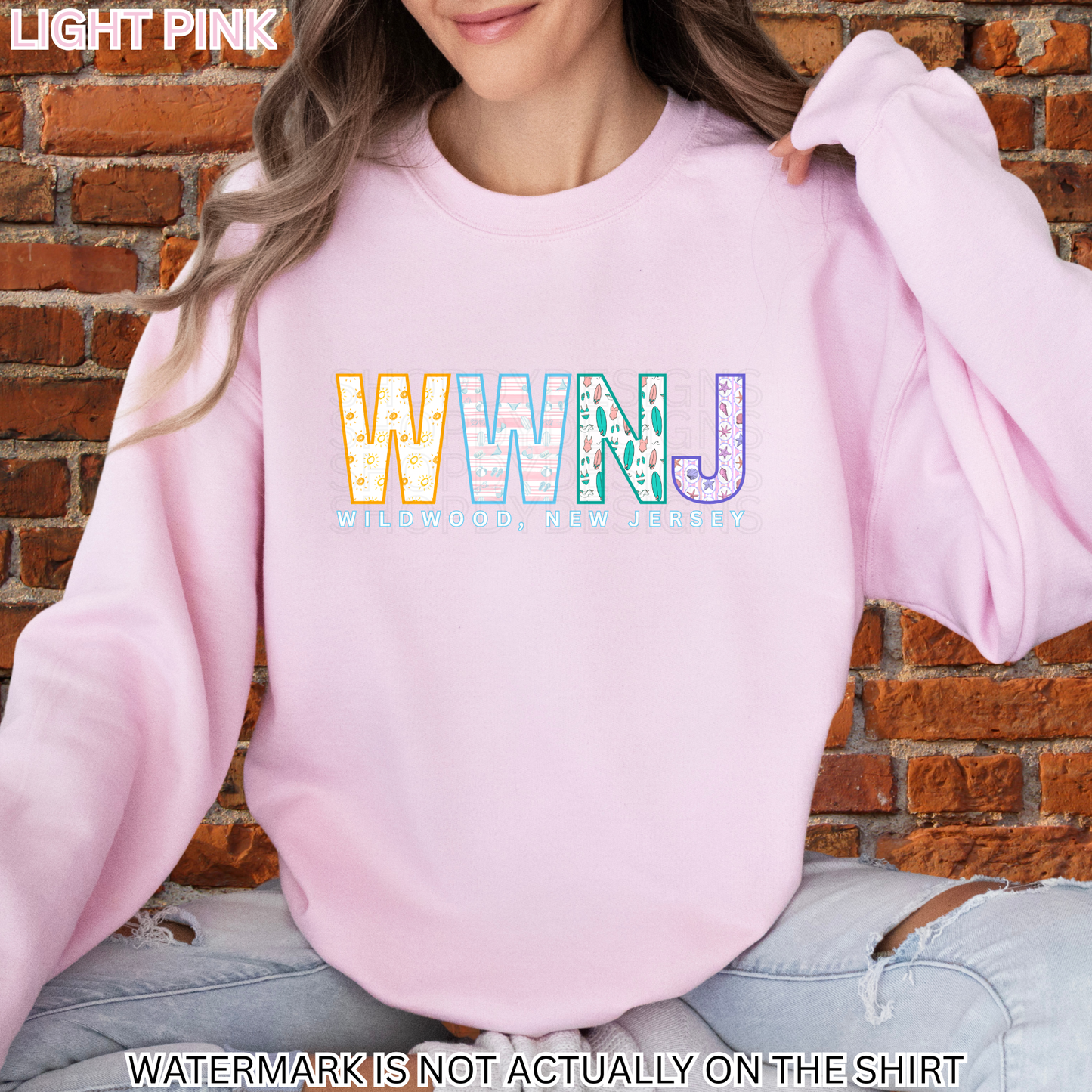 Wildwood NJ Colorful Beach Pattern Letters Shirt, Crewneck, Hoodie | WWNJ Apparel