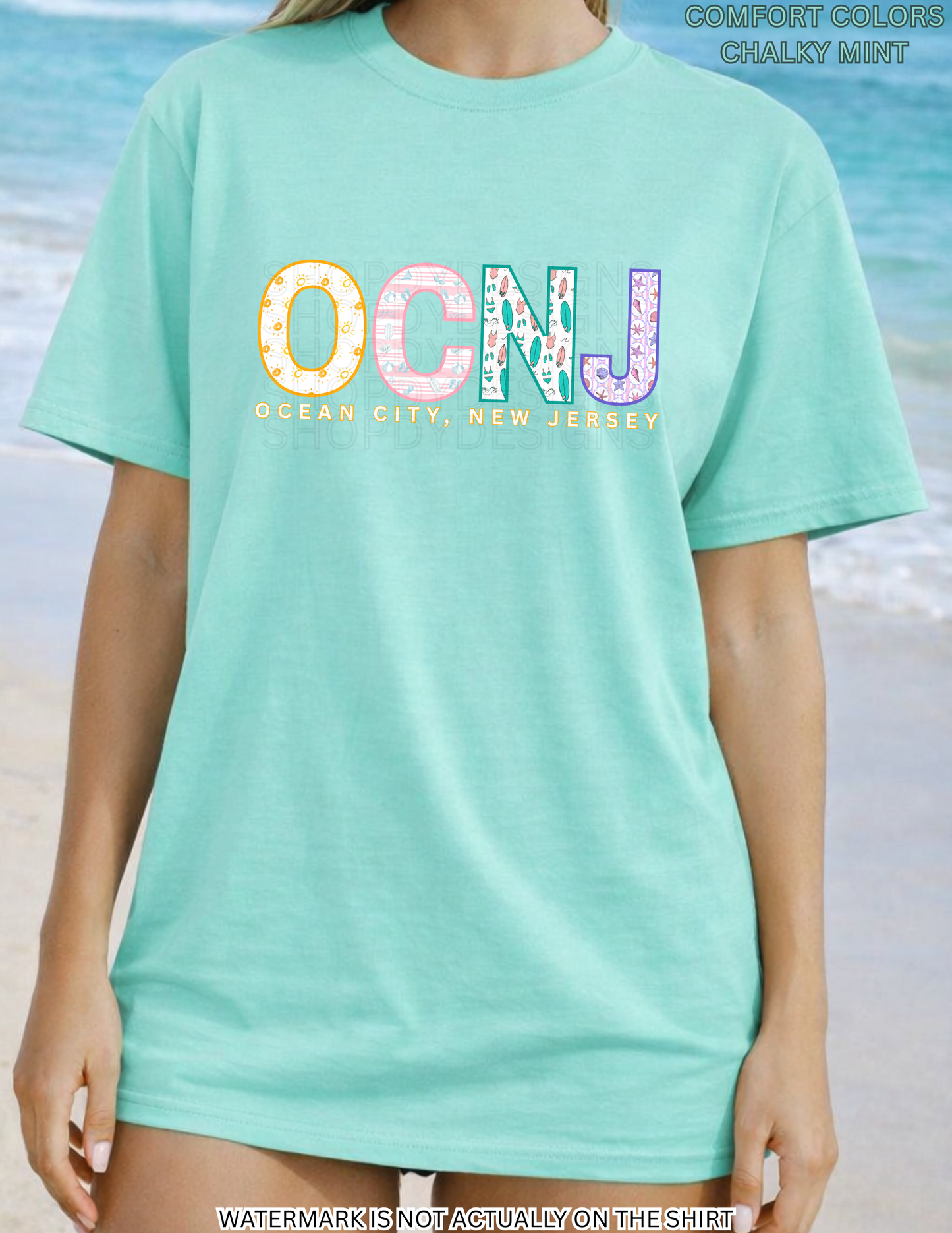 Ocean City NJ Colorful Beach Pattern Letters Shirt | OCNJ Comfort Colors Tee