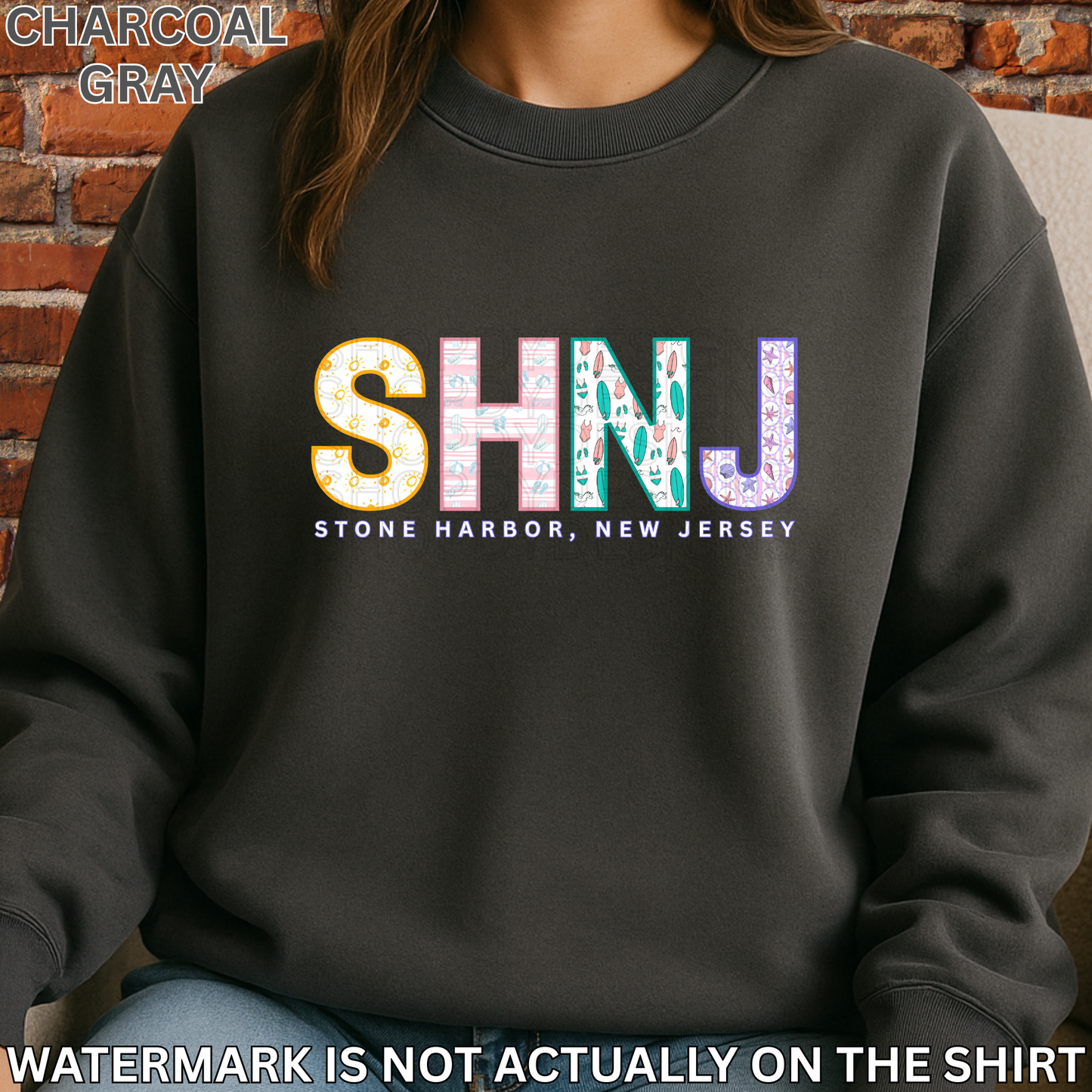 Stone Harbor NJ SHNJ Colorful Beach Pattern Letters Shirt, Crewneck, Hoodie | SHNJ Apparel