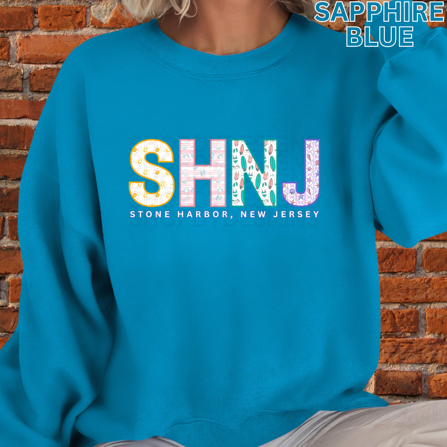 Stone Harbor NJ SHNJ Colorful Beach Pattern Letters Shirt, Crewneck, Hoodie | SHNJ Apparel