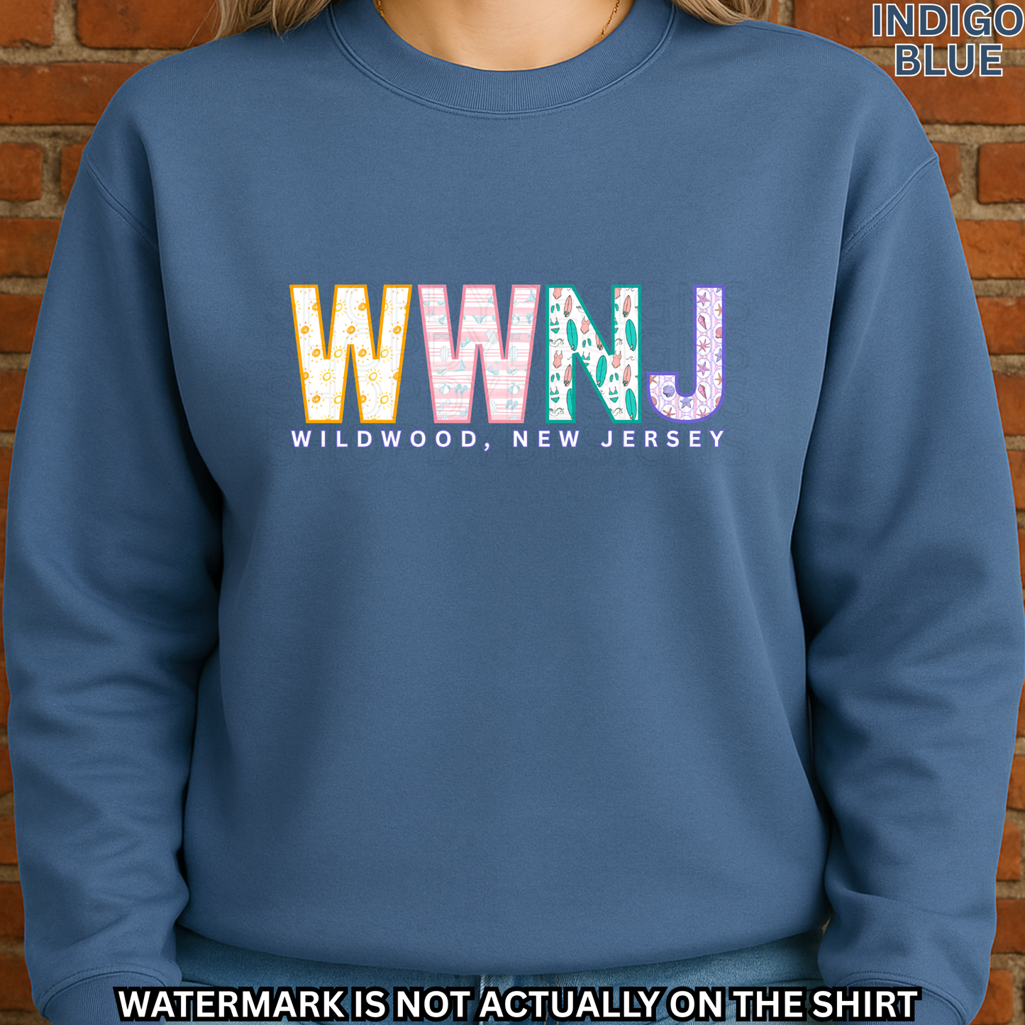 Wildwood NJ Colorful Beach Pattern Letters Shirt, Crewneck, Hoodie | WWNJ Apparel