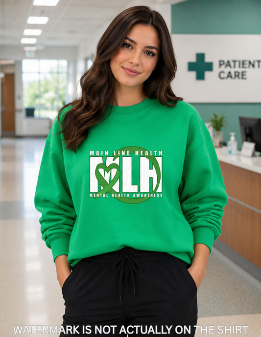 MLH Mental Health Awareness T-Shirt, Sweatshirt & Hoodie | Green Ribbon Heart Design | Healthcare Apparel