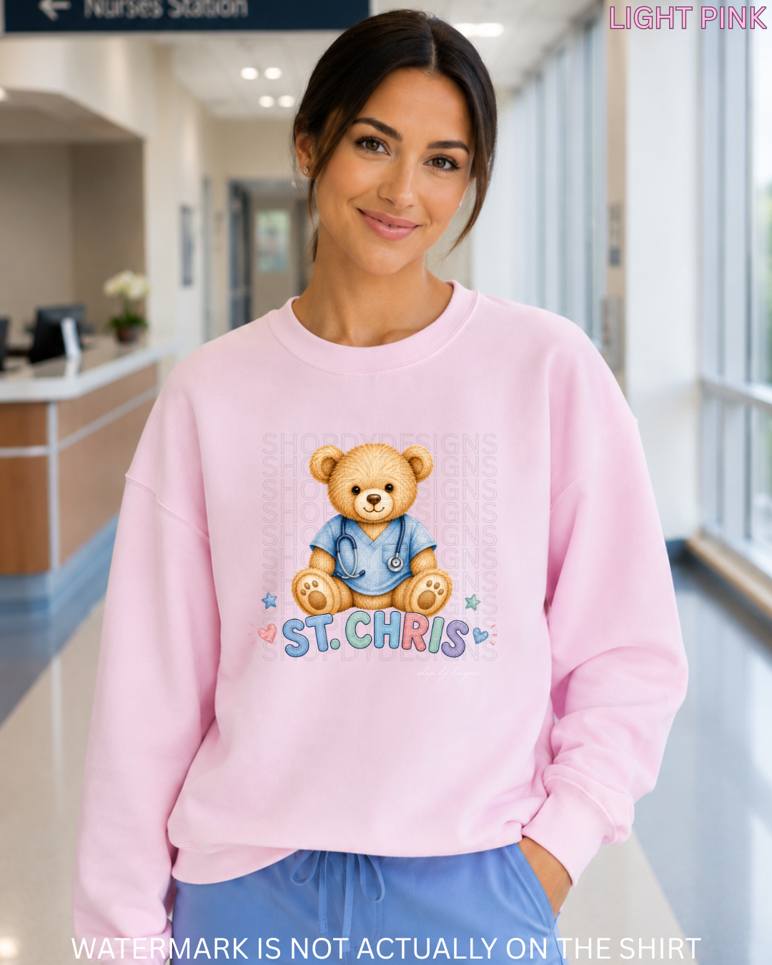 St. Chris Cute Teddy Bear Healthcare Worker T-Shirt, Crewneck Sweatshirt & Hoodie