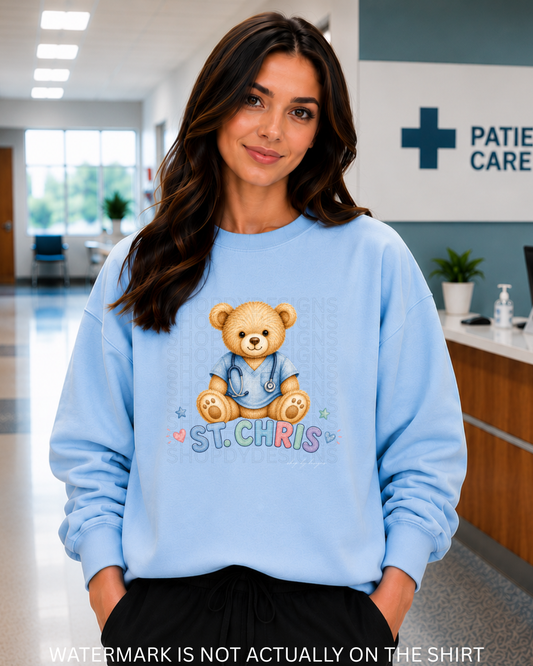 St. Chris Cute Teddy Bear Healthcare Worker T-Shirt, Crewneck Sweatshirt & Hoodie